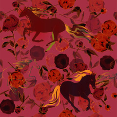 Horses and leaves, stems and inflorescences of peonies and roses vector illustration. Picture with pink, blue and white flowers on black background. Endless pattern.
