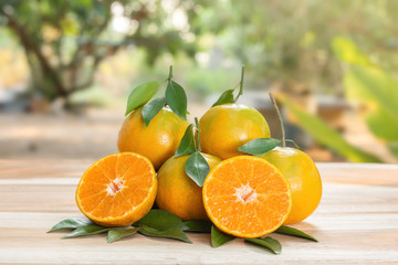 Fresh oranges placed on a wooden table in the garden