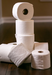 Stack of white toilet paper on dark wood floor in a home