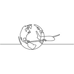 Continuous line drawing of airplane flying around the world. Business and tourism, airplane travel concept. Vector sketch illustration for print, web, mobile and infographics on white background.