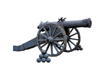 Ancient cannon with cores. Isolated image.