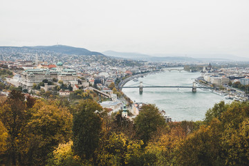 Fototapeta premium Autumn park on Gellert Hill and bank of Danube river. Budapset Hungary
