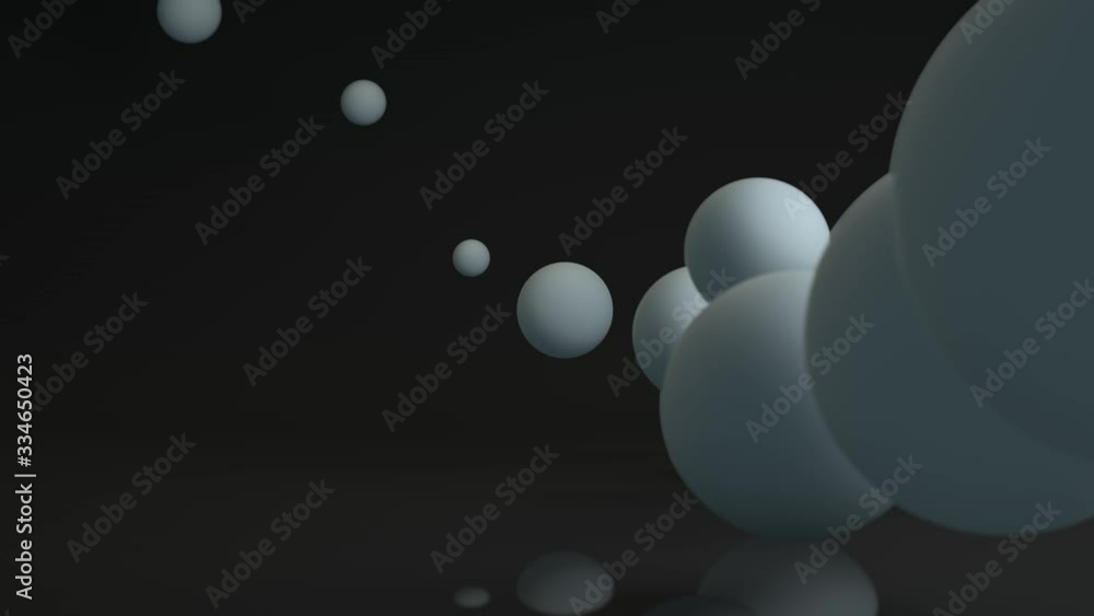Poster cyclic 3d animation of abstract movement of spheres of different sizes and chaotic vibrations. 4k an