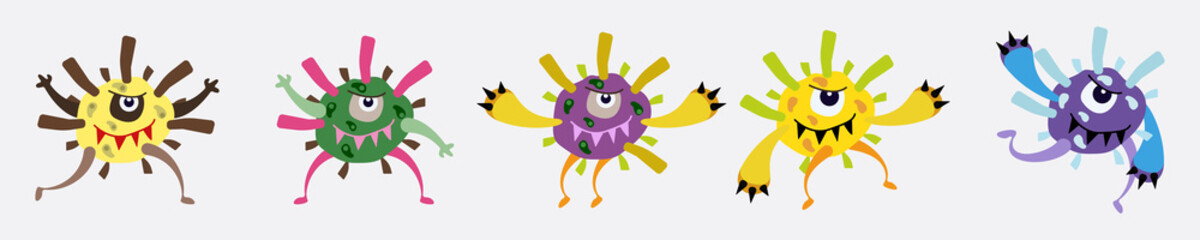 Fototapeta premium Illustration vector graphic of cute bacteria character running set collection. Vector cartoon illustration of a virus, bacteria. Simple vector illustration EPS10 isolated on white background.