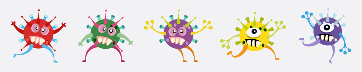 Illustration vector graphic of cute bacteria character running set collection. Vector cartoon illustration of a virus, bacteria. Simple vector illustration EPS10 isolated on white background.