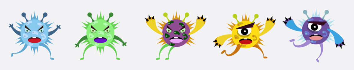 Illustration vector graphic of cute bacteria character running set collection. Vector cartoon illustration of a virus, bacteria. Simple vector illustration EPS10 isolated on white background.