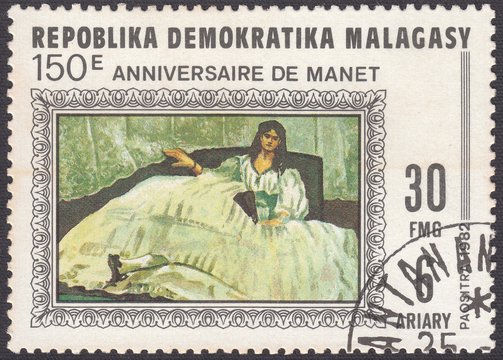 Painting "Lady in a white dress" by Edouard Manet, stamp Malagasy republic circa 1982