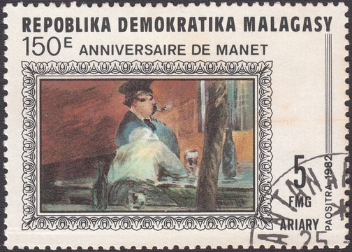 Painting "Scene at a bar" by Edouard Manet, stamp Malagasy republic circa 1982