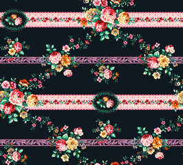 Shabby chic vintage roses, tulips and forget-me-nots vintage seamless pattern, classic chintz floral repeat background for surface design and textile print