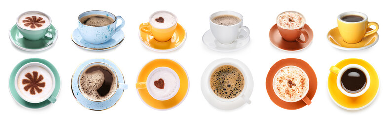 Cups of hot coffee on white background