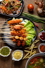Grilled pork, cubed food, meatballs, chili balls