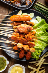 Grilled pork, cubed food, meatballs, chili balls