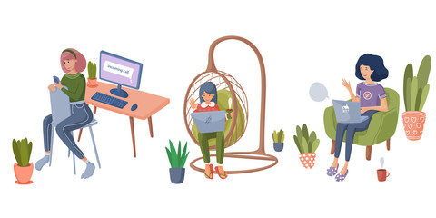 Women freelancers working from home or taking online classes. Stay home in quarantine. Concept illustration. Flat vector.