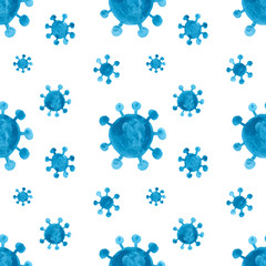 Covid-19 seamless pattern. Blue watercolor coronavirus illustration on white background. Virus floating in a cellular environment.  Vitamin backdrop.
