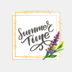 Green summer time letter flowers in modern style on colorful background. Greeting invitation vector illustration. Floral bouquet decoration. Decoration element.