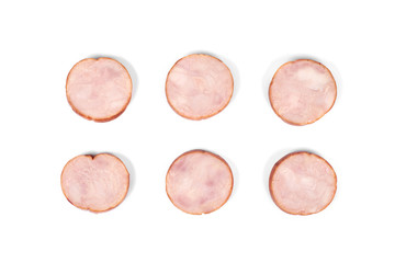 Slices of tasty chicken ham , isolated on white background