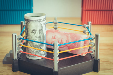 Global world economy crisis situation, US vs China trade war and currency war concept. US dollar...