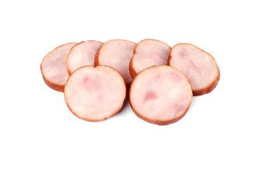 Slices of tasty chicken ham , isolated on white background