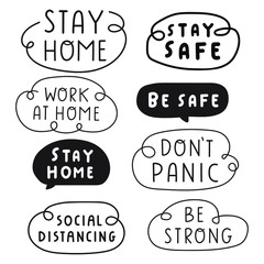 Quarantine recommendations: stay home, work at home, social distancing, don't panic, stay safe. Set of hand drawn badges. Vector lettering illustration on white background.