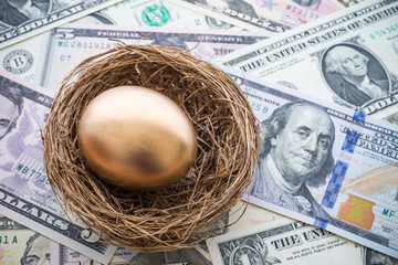 Bright golden egg in nest on US dollar bill cash banknotes background. Rich, wealth, successful...
