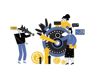 Finance graphic elements are a beneficial investment in investing in a successful business in a short period of time. A cohesive team of people working on business.Characters flat cartoon illustration