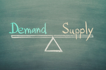 Text word demand and supply balance on seesaw drawing writing on chalkboard or blackboard...