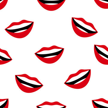 Red Smile Lips Seamless Pattern On White Background.