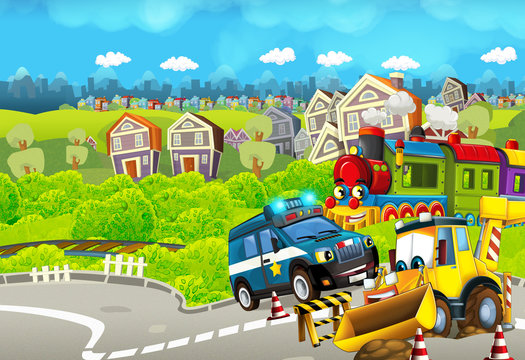 Cartoon funny looking train near the city with police car and excavator digger car driving and plane flying - illustration © honeyflavour