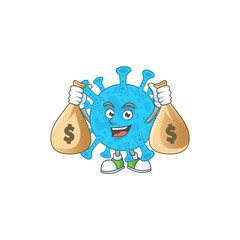Blissful rich coronavirus backteria cartoon character having money bags