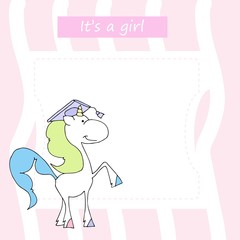 Cute baby shower cartoon with beautiful unicorn. Label for children with funny unicorns. Vector illustration. It's a girl.	