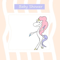 Cute baby shower cartoon with beautiful unicorn. Label for children with funny unicorns. Vector illustration.	