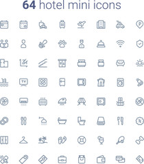 64 hotel vector thin line mini icons set. Thin line simple outline icons for mobile interface and web design