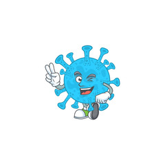 Cheerful coronavirus backteria mascot design with two fingers