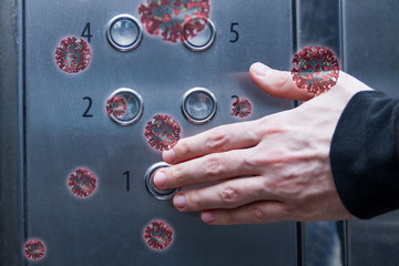 Closeup male hand is pressing elevator call button. Virus SARS-CoV-2 , 2019-nCoV are in air around,...