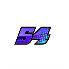 Vector Racing number 54, start racing number, sport race number with purple blue color and halftone dots style isolated on white background