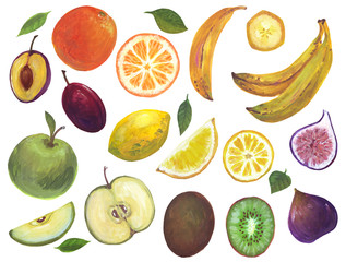 Hand drawn set with fruits. Bananas, apple, kiwi, plum, figs, lemon, orange, leaves. Illustration for design, patterns, menu