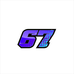 Vector Racing number 67, start racing number, sport race number with purple blue color and halftone dots style isolated on white background