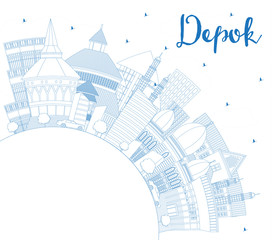 Outline Depok Indonesia City Skyline with Blue Buildings and Copy Space.