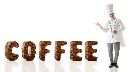 Chef cook near the word coffee from three-dimensional letters on a white background