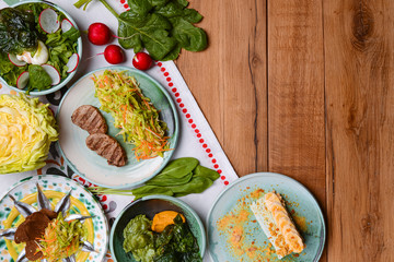 Healthy food. Ukrainian cuisine. Copy space. Healthy dishes and clean eating concept from above.