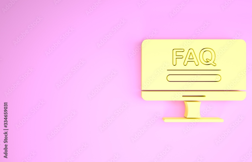 Poster Yellow Computer monitor with text FAQ information icon isolated on pink background. Frequently asked questions. Minimalism concept. 3d illustration 3D render