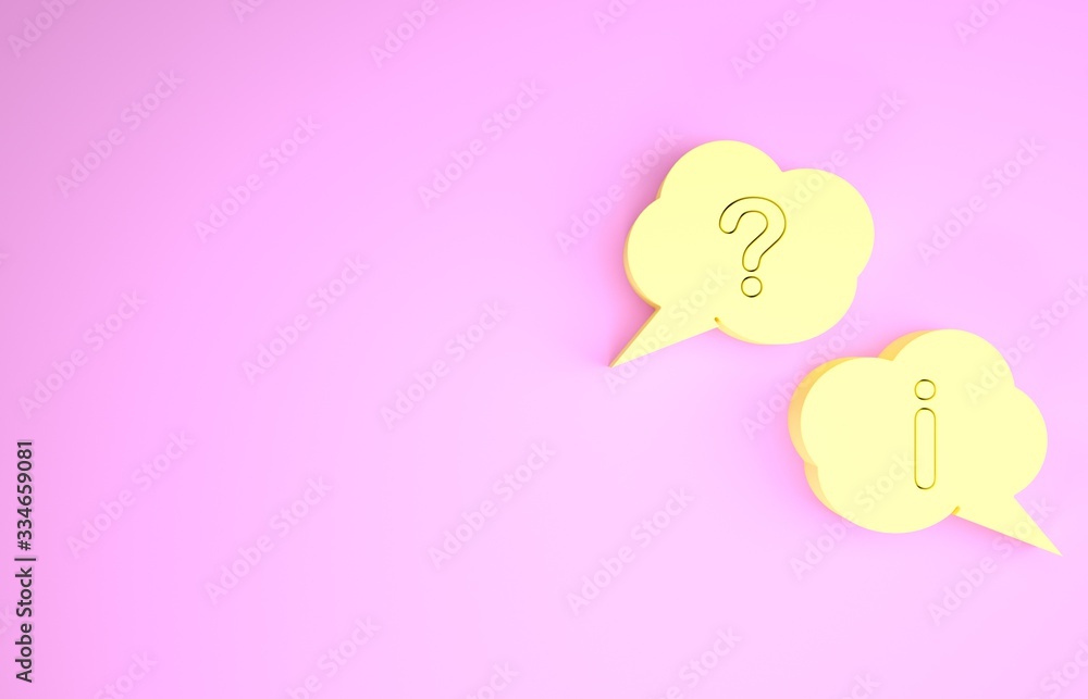 Poster yellow speech bubbles with question and exclamation icon isolated on pink background. faq sign. copy