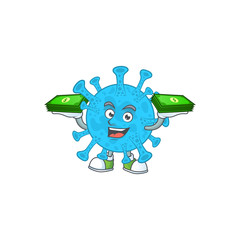 A cheerful coronavirus backteria mascot design with some money on hands