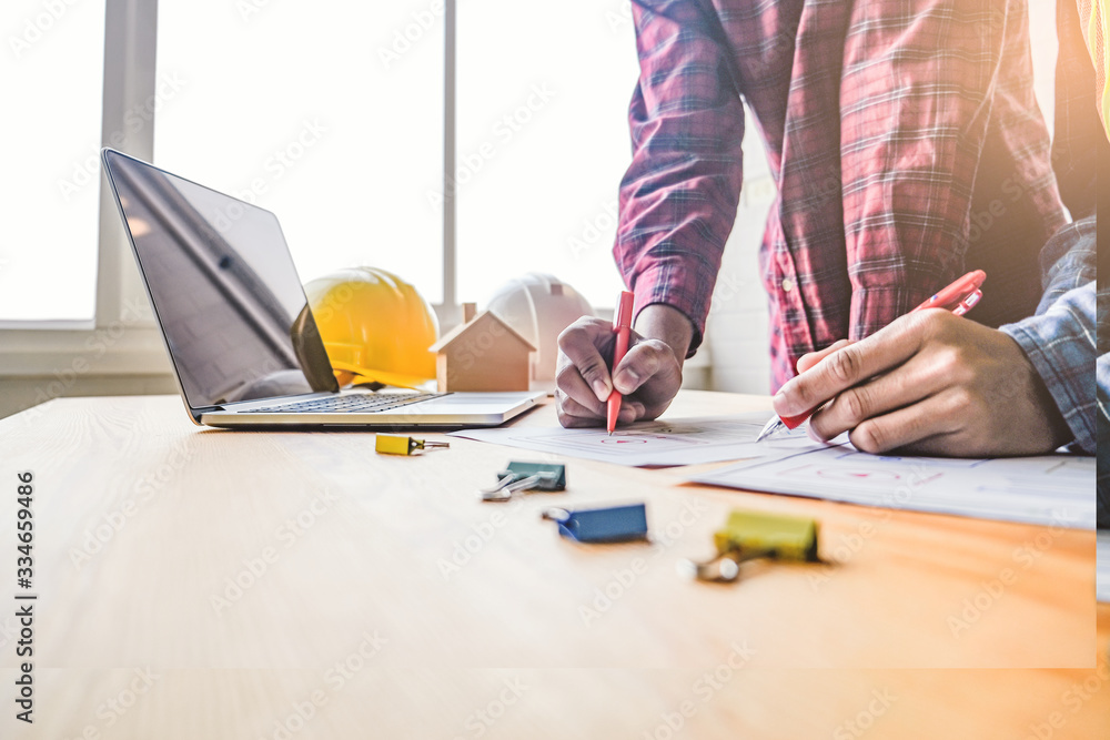 Poster asian architecture and construction worker working together as partner and team, planning design cre