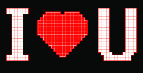 Fototapeta na wymiar Vector illustration. Pixel art. I Love you inscription with heart symbol