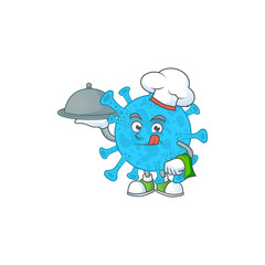 A coronavirus backteria chef cartoon design with hat and tray