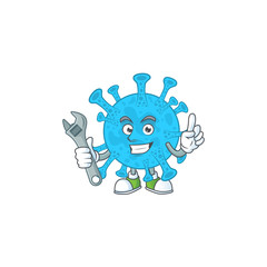 A mechanic coronavirus backteria mascot character fix a broken machine