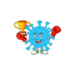 Proudly face of boxing winner coronavirus backteria presented in cartoon character design