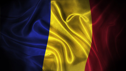 Close up waving flag of Romania. National  Romania flag.