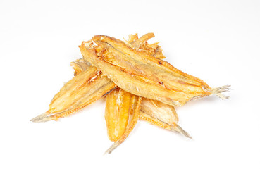 Dried fish baked on a white background